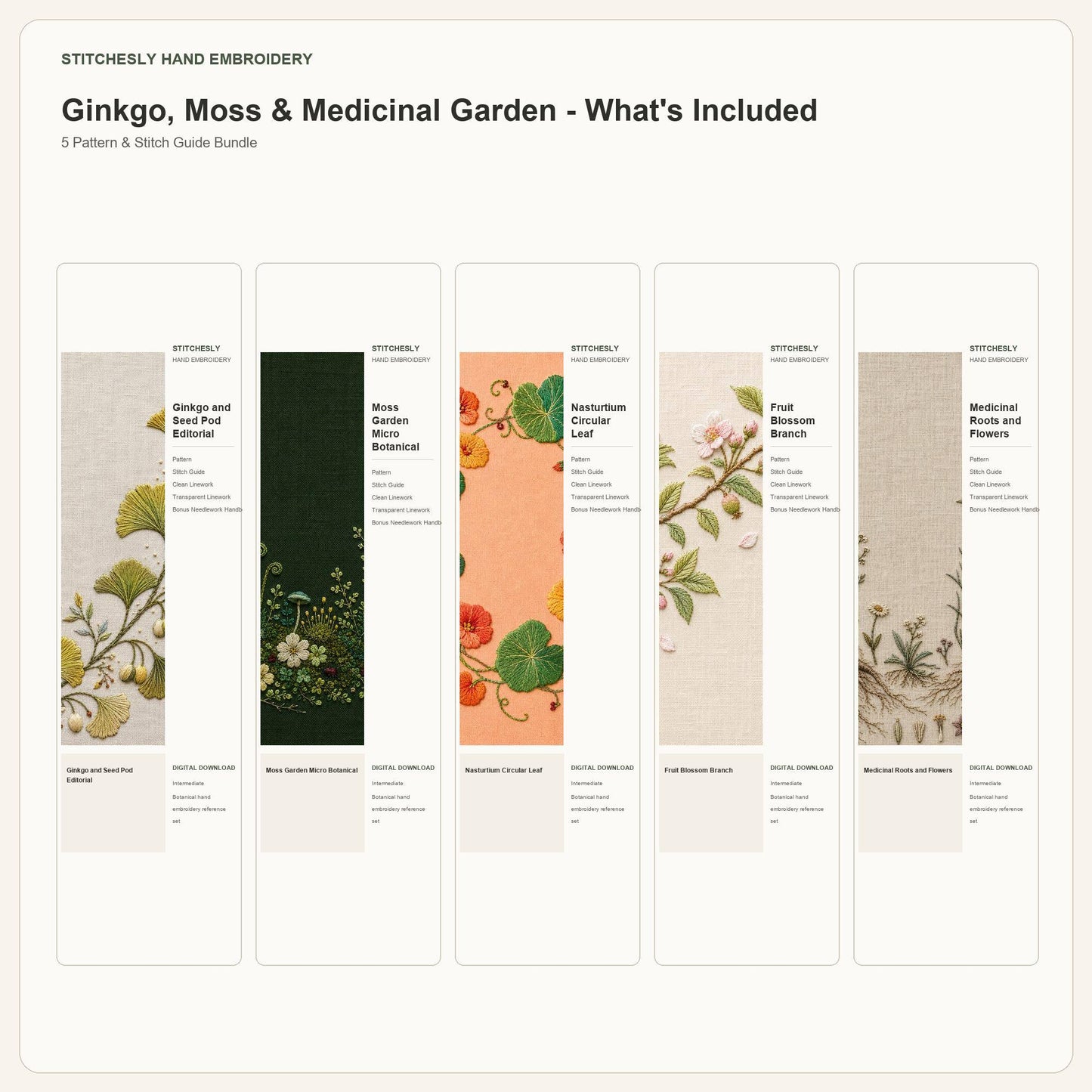 Ginkgo, Moss & Medicinal Garden bundle contents overview for the five-pattern hand embroidery bundle