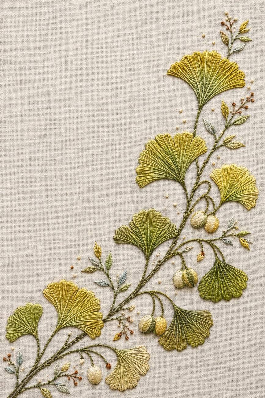 Ginkgo, Moss & Medicinal Garden included design one for the five-pattern hand embroidery bundle