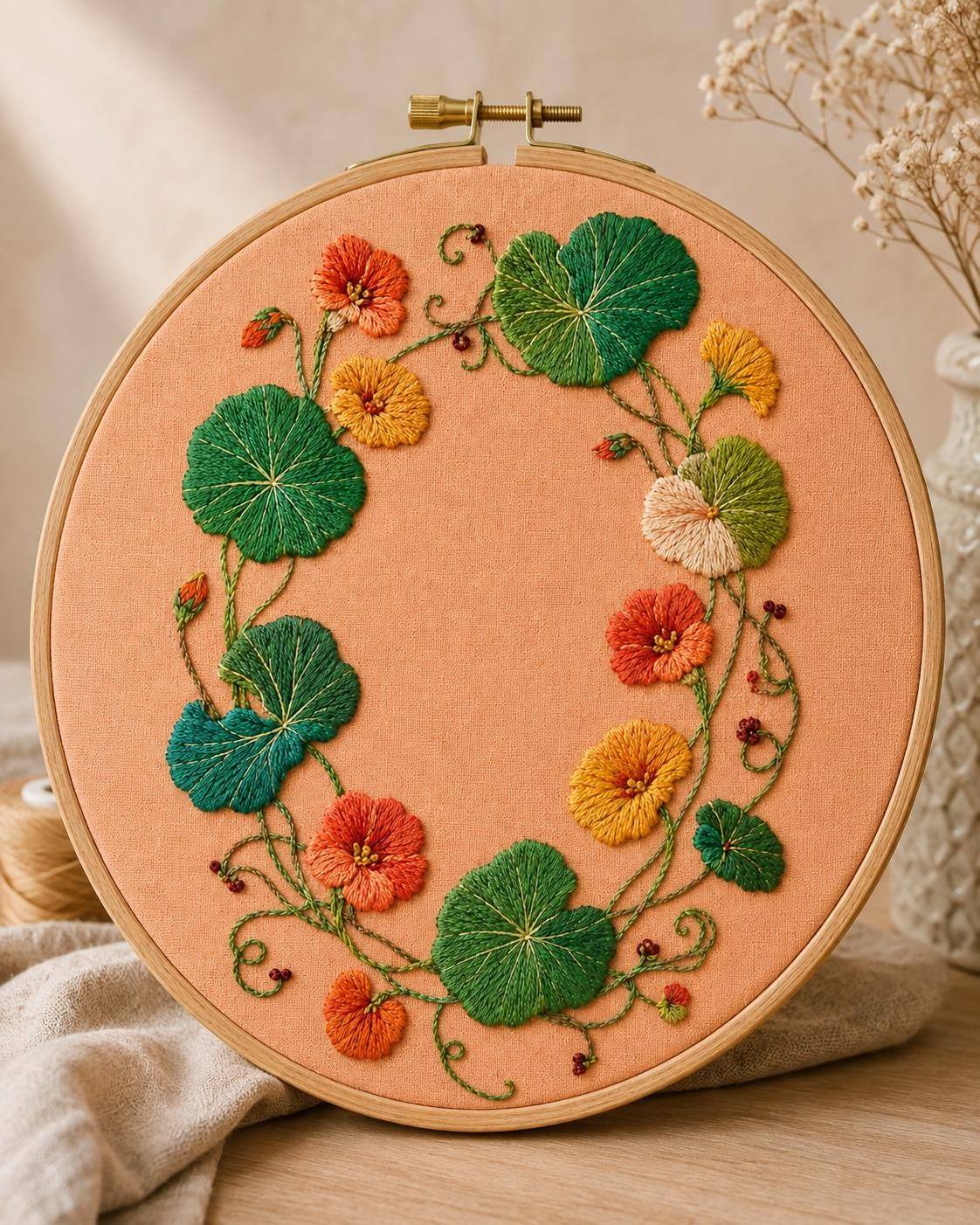 Nasturtium Circular Leaf finished embroidery mockup included in the Ginkgo, Moss & Medicinal Garden five-pattern digital bundle