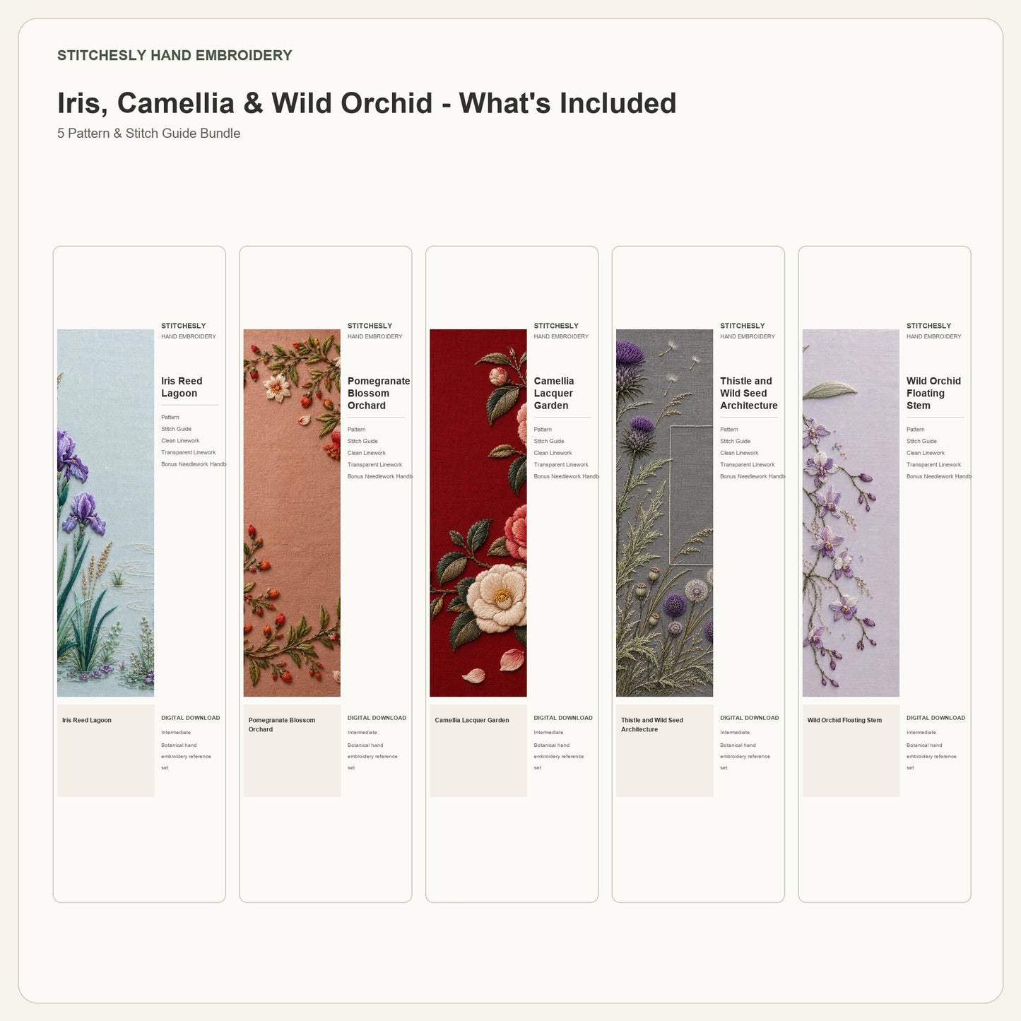 Iris, Camellia & Wild Orchid bundle contents overview for the five-pattern hand embroidery bundle