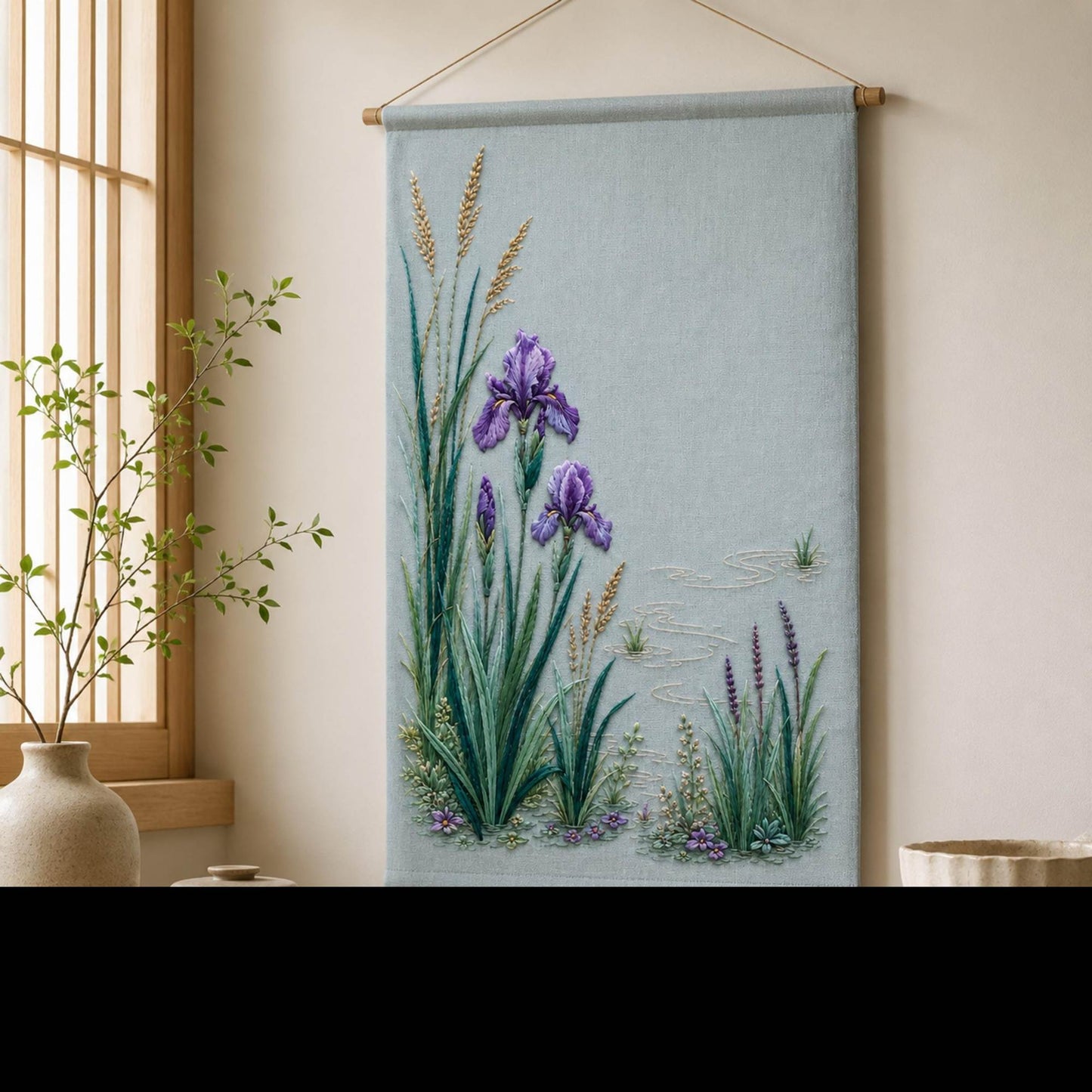 Iris Reed Lagoon finished embroidery mockup included in the Iris, Camellia & Wild Orchid five-pattern digital bundle