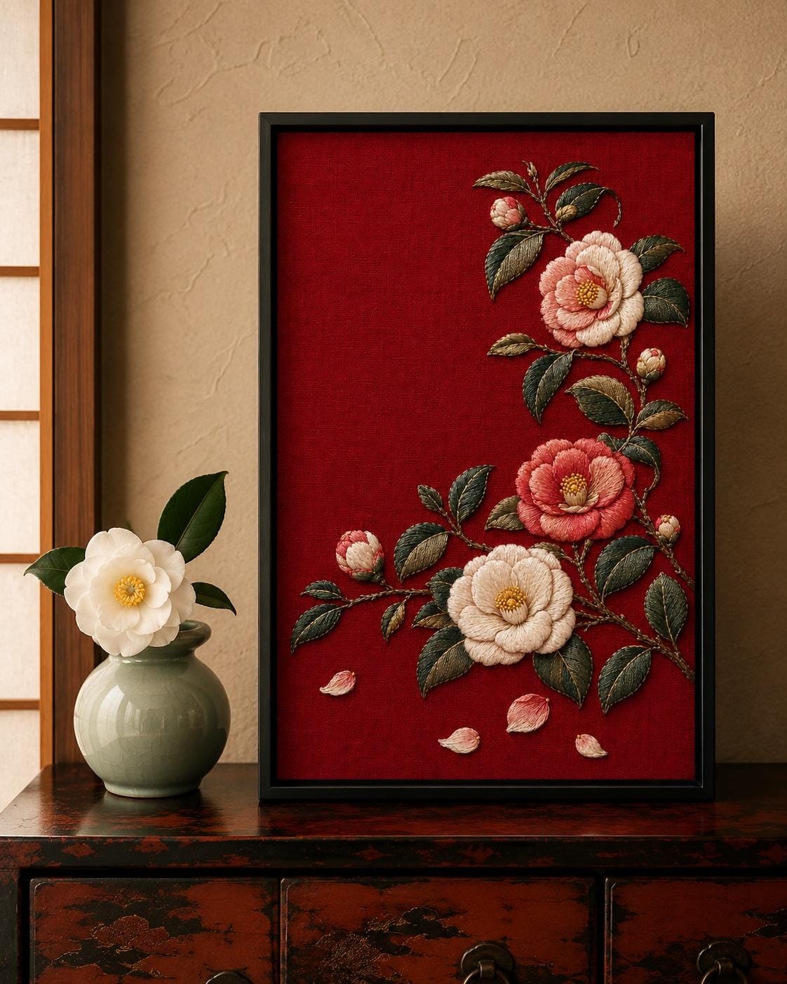 Camellia Lacquer Garden finished embroidery mockup included in the Iris, Camellia & Wild Orchid five-pattern digital bundle