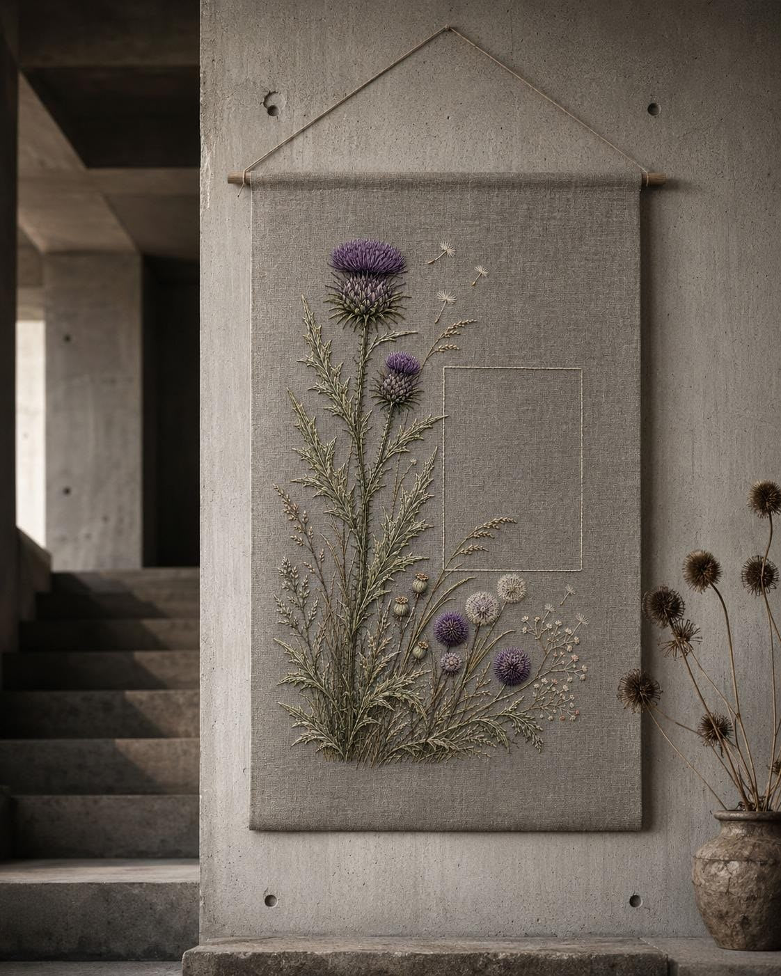 Thistle and Wild Seed Architecture finished embroidery mockup included in the Iris, Camellia & Wild Orchid five-pattern digital bundle