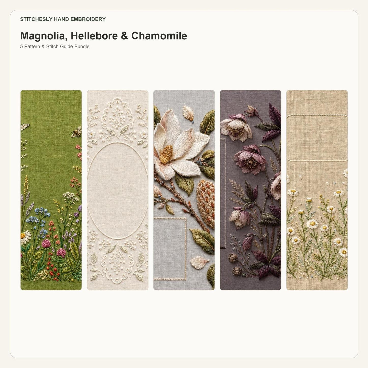 Magnolia, Hellebore & Chamomile five pattern bundle cover for the five-pattern hand embroidery bundle