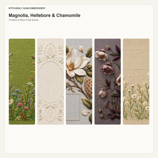 Magnolia, Hellebore & Chamomile five pattern bundle cover for the five-pattern hand embroidery bundle