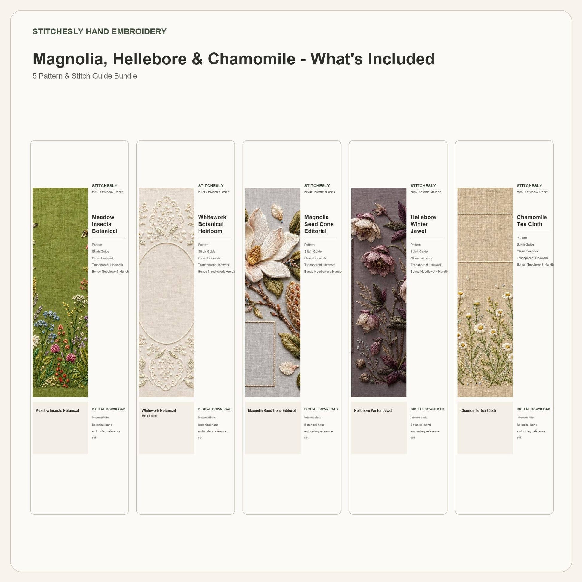 Magnolia, Hellebore & Chamomile bundle contents overview for the five-pattern hand embroidery bundle