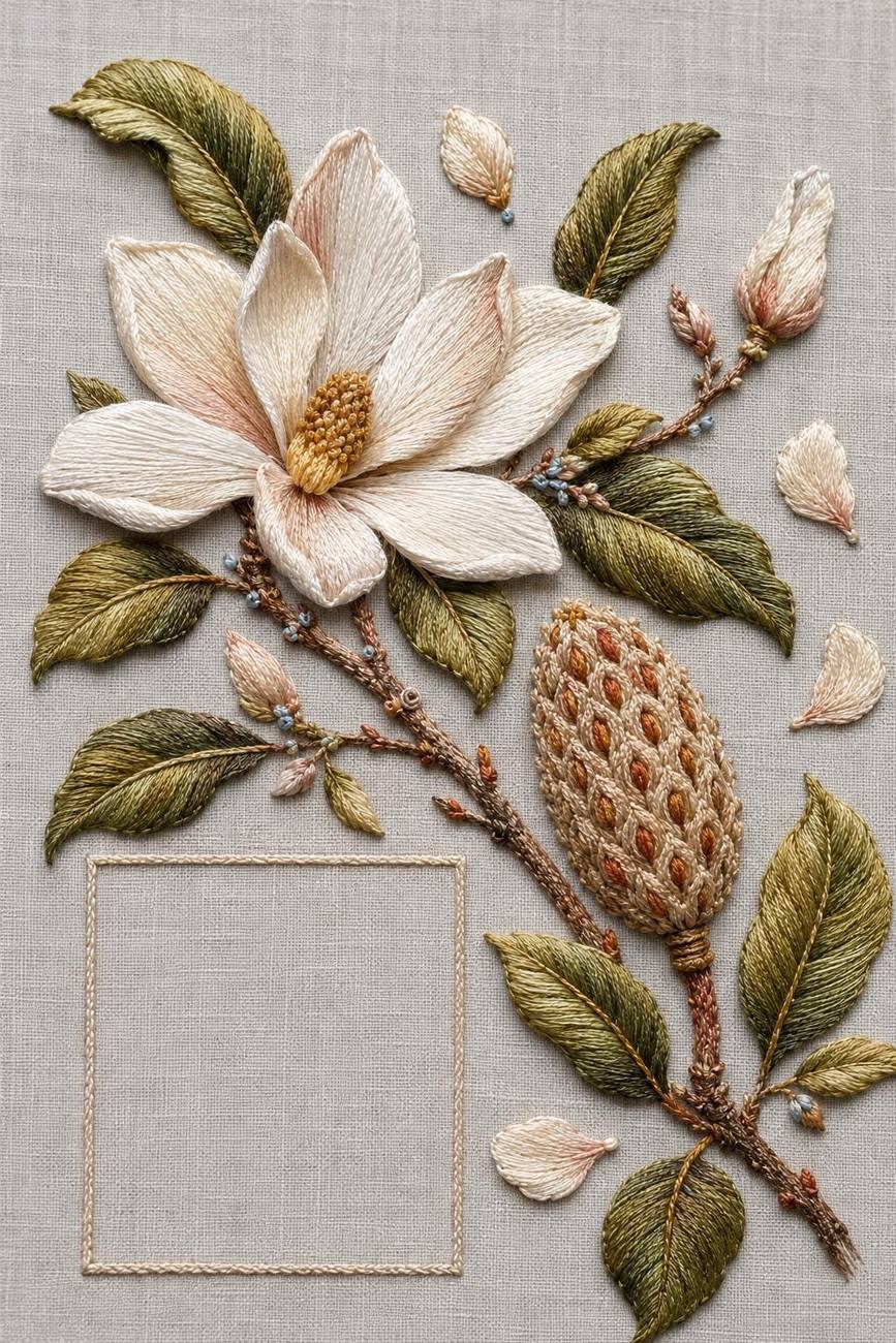 Magnolia, Hellebore & Chamomile included design three for the five-pattern hand embroidery bundle