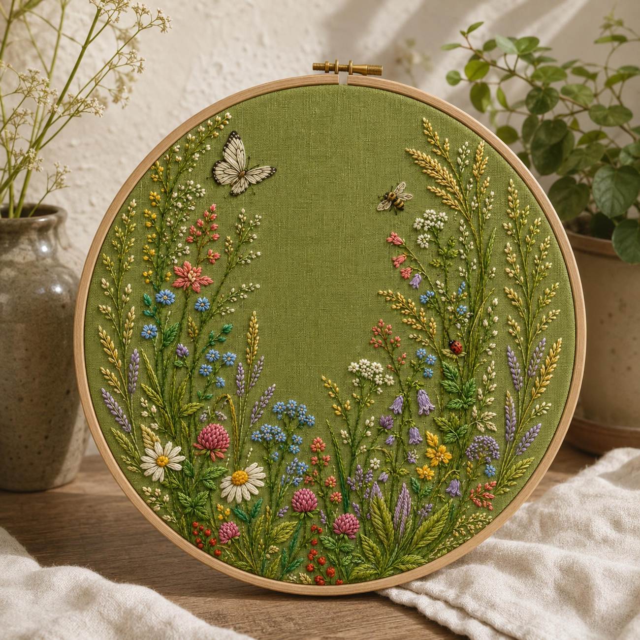 Meadow Insects Botanical finished embroidery mockup included in the Magnolia, Hellebore & Chamomile five-pattern digital bundle