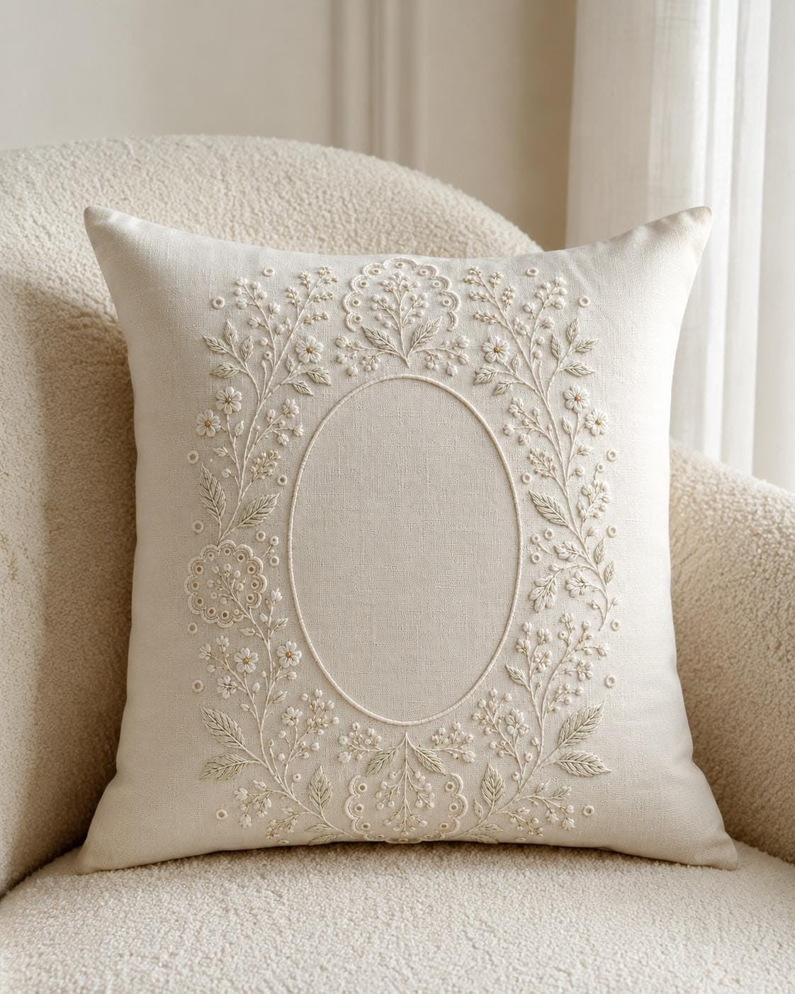 Whitework Botanical Heirloom finished embroidery mockup included in the Magnolia, Hellebore & Chamomile five-pattern digital bundle
