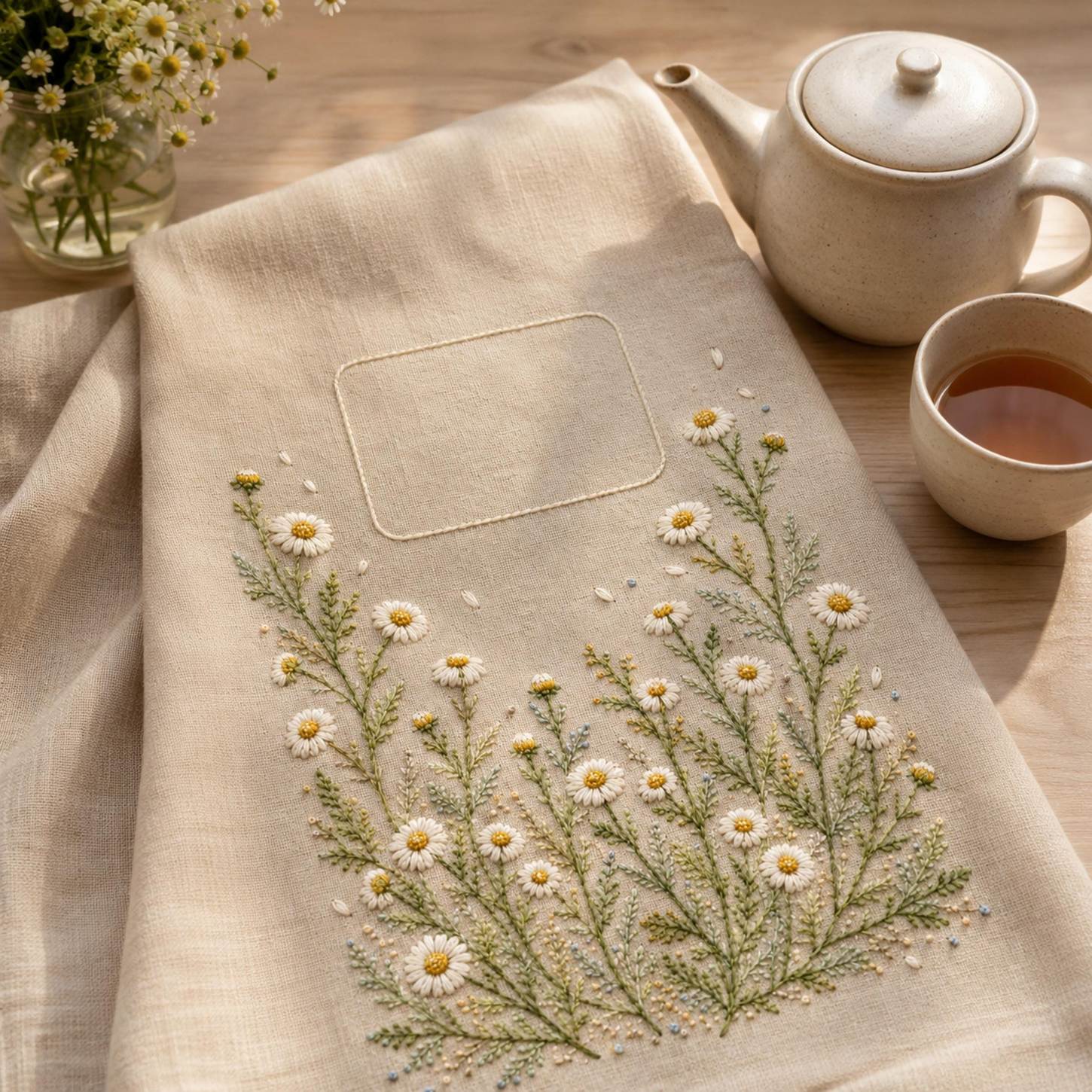 Chamomile Tea Cloth finished embroidery mockup included in the Magnolia, Hellebore & Chamomile five-pattern digital bundle