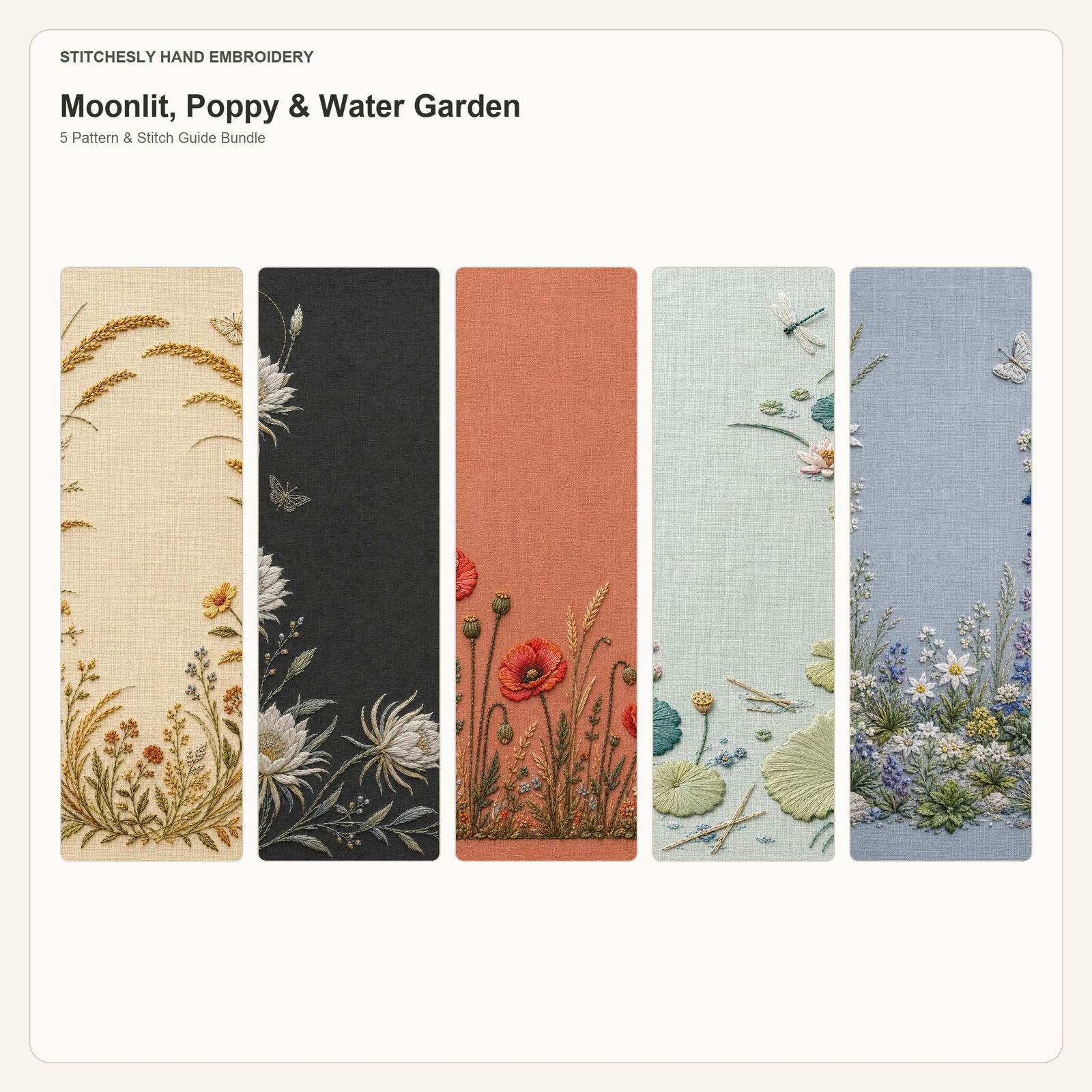 Moonlit, Poppy & Water Garden five pattern bundle cover for the five-pattern hand embroidery bundle