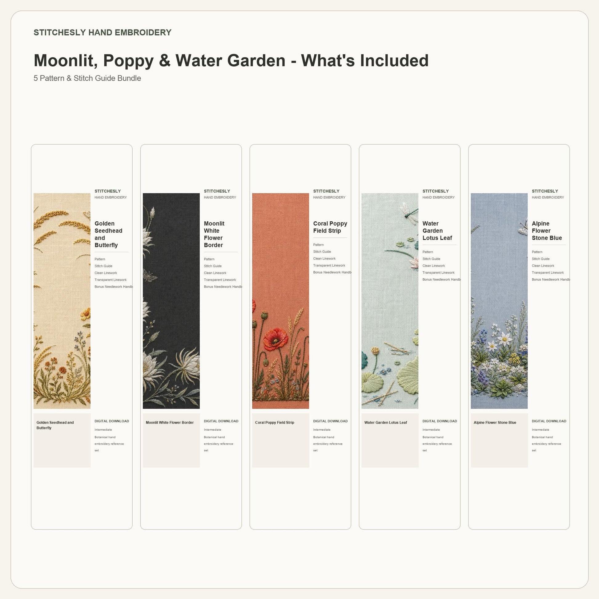 Moonlit, Poppy & Water Garden bundle contents overview for the five-pattern hand embroidery bundle