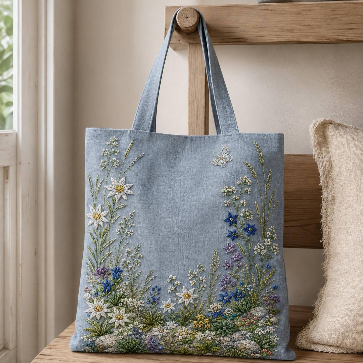 Alpine Flower Stone Blue finished embroidery mockup included in the Moonlit, Poppy & Water Garden five-pattern digital bundle