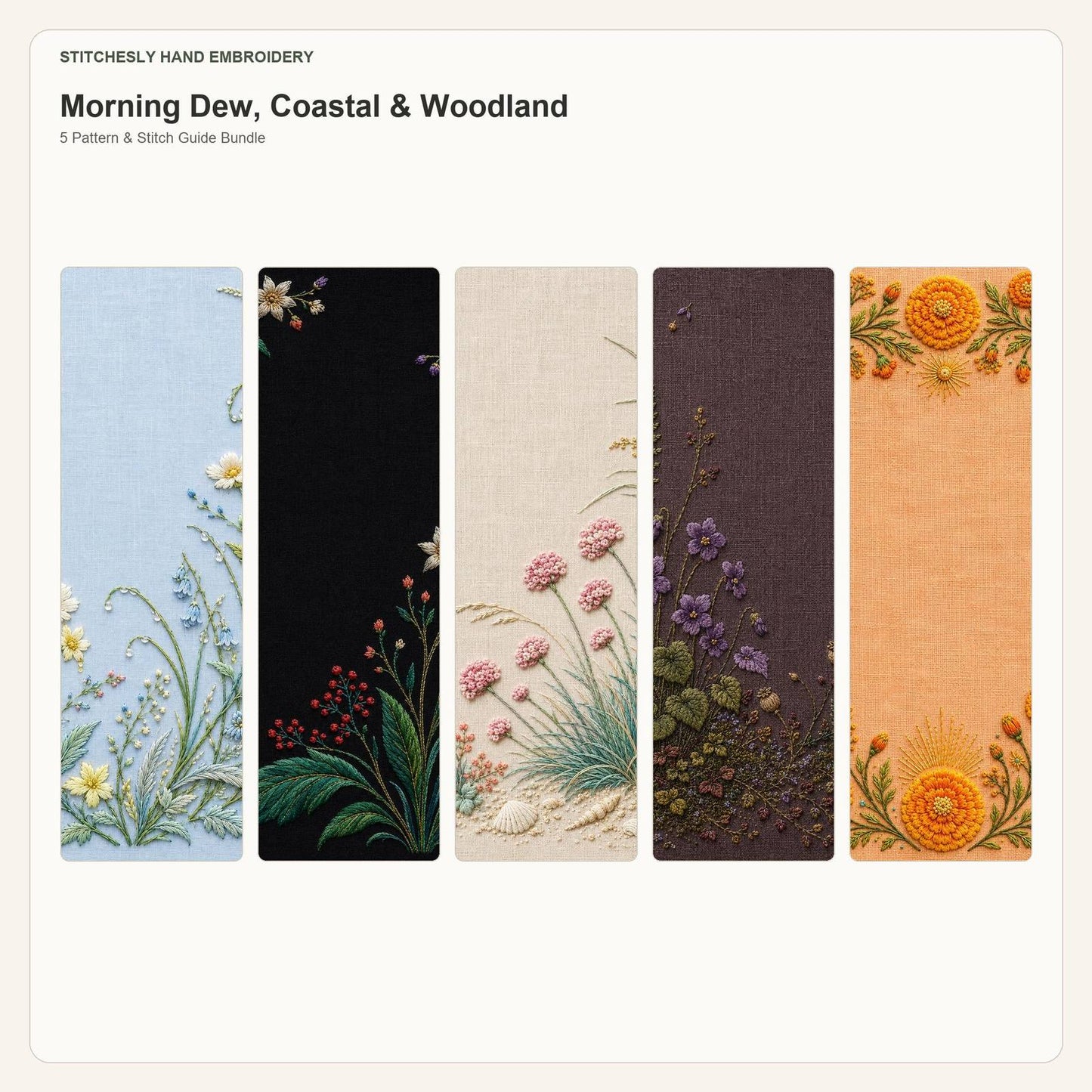 Morning Dew, Coastal & Woodland five pattern bundle cover for the five-pattern hand embroidery bundle