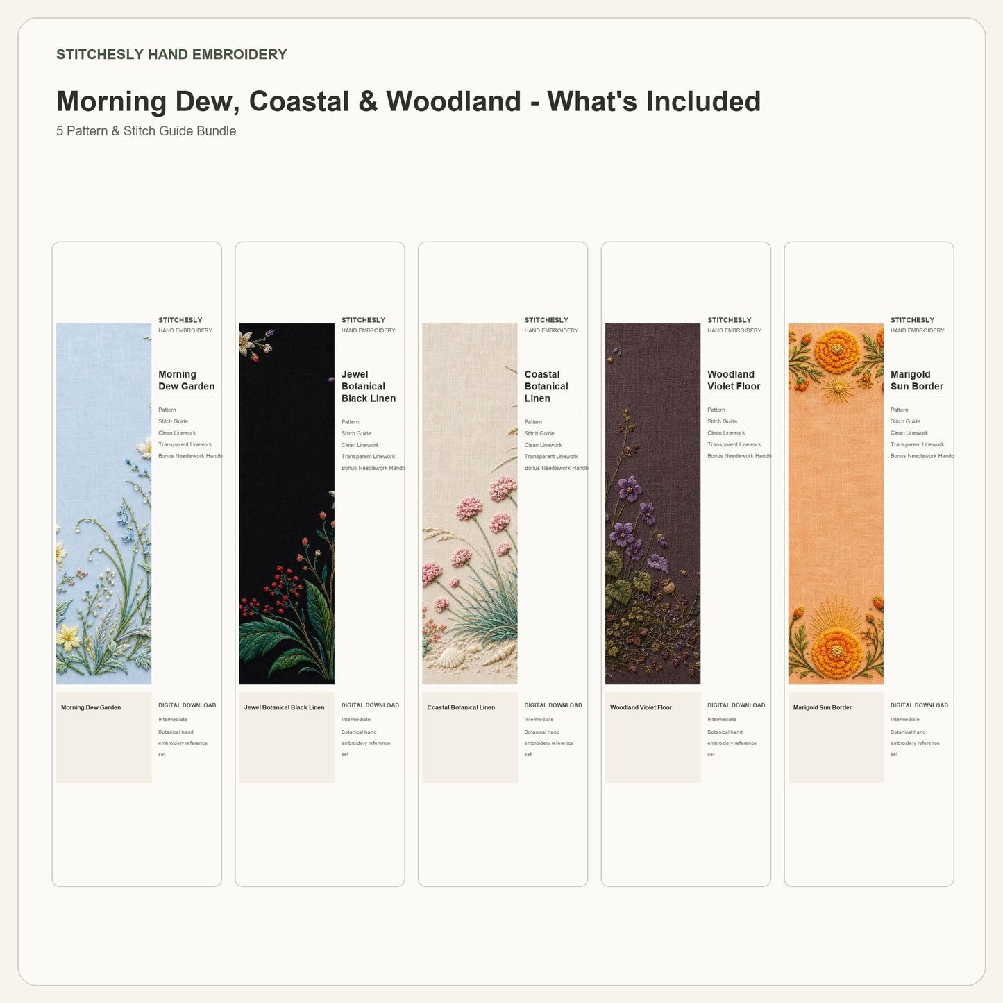 Morning Dew, Coastal & Woodland bundle contents overview for the five-pattern hand embroidery bundle