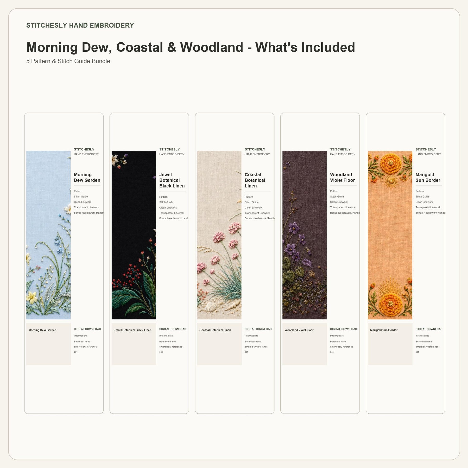 Morning Dew, Coastal & Woodland bundle contents overview for the five-pattern hand embroidery bundle