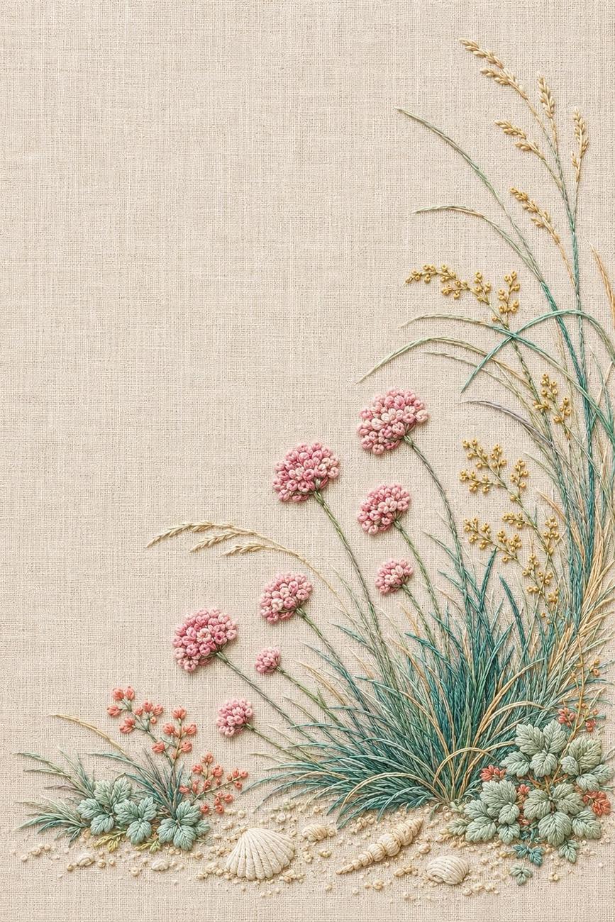 Morning Dew, Coastal & Woodland included design three for the five-pattern hand embroidery bundle