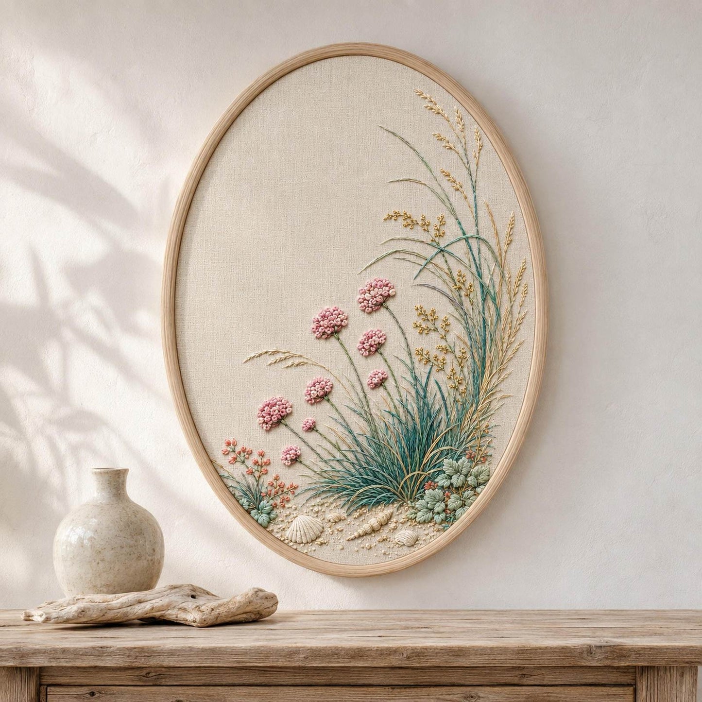 Coastal Botanical Linen finished embroidery mockup included in the Morning Dew, Coastal & Woodland five-pattern digital bundle