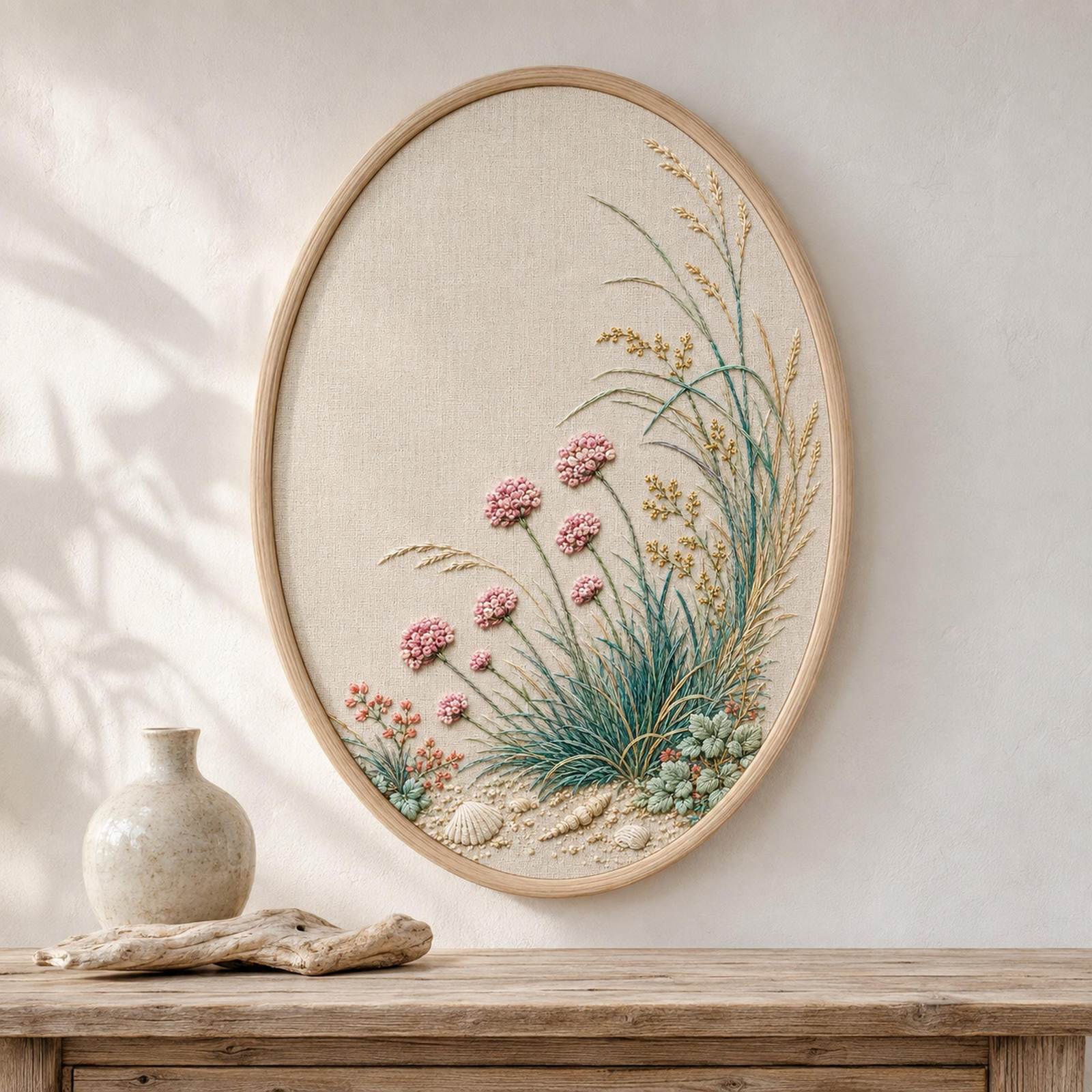 Coastal Botanical Linen finished embroidery mockup included in the Morning Dew, Coastal & Woodland five-pattern digital bundle