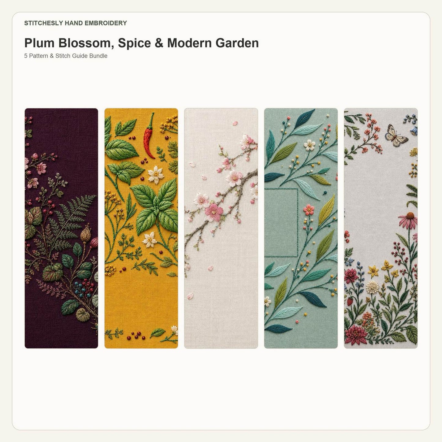 Plum Blossom, Spice & Modern Garden five pattern bundle cover for the five-pattern hand embroidery bundle