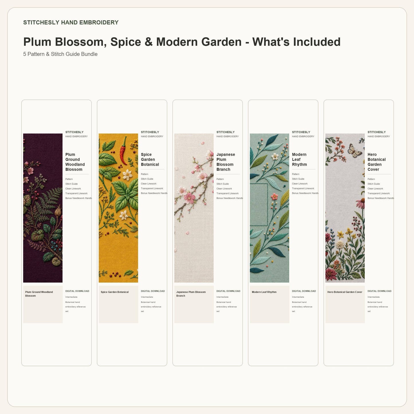 Plum Blossom, Spice & Modern Garden bundle contents overview for the five-pattern hand embroidery bundle