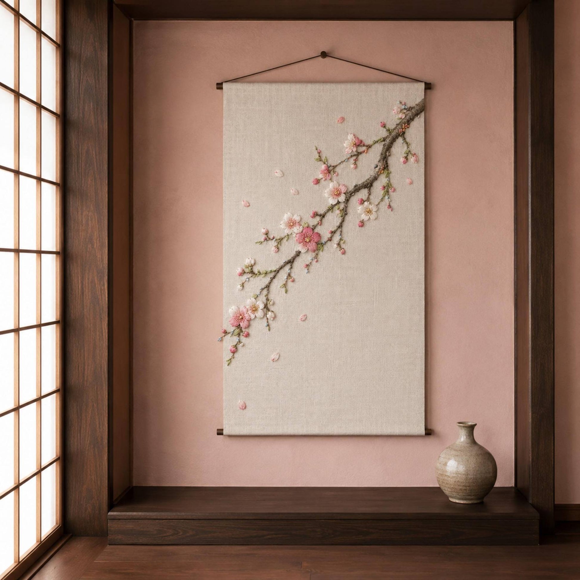 Japanese Plum Blossom Branch finished embroidery mockup included in the Plum Blossom, Spice & Modern Garden five-pattern digital bundle
