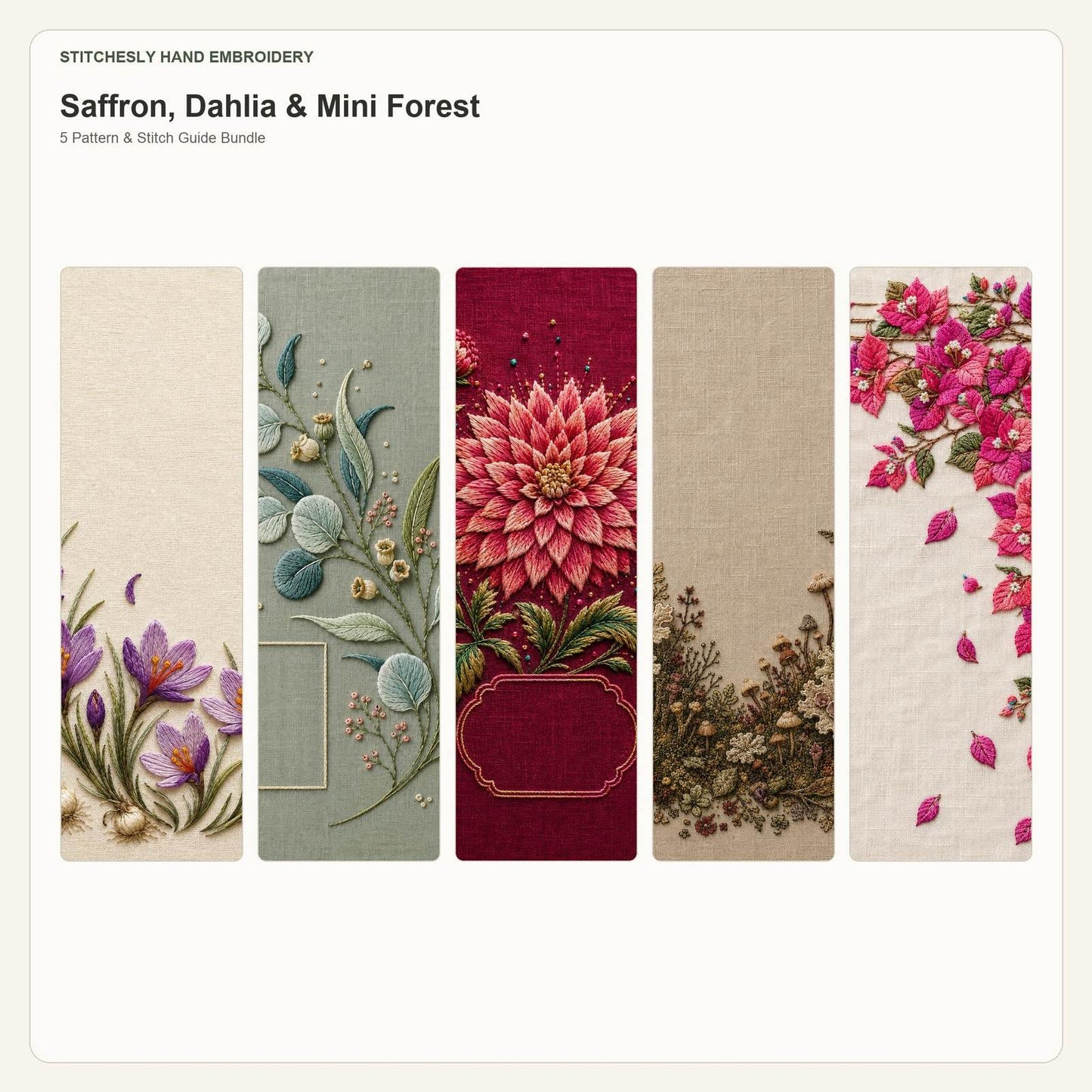 Saffron, Dahlia & Mini Forest five pattern bundle cover for the five-pattern hand embroidery bundle