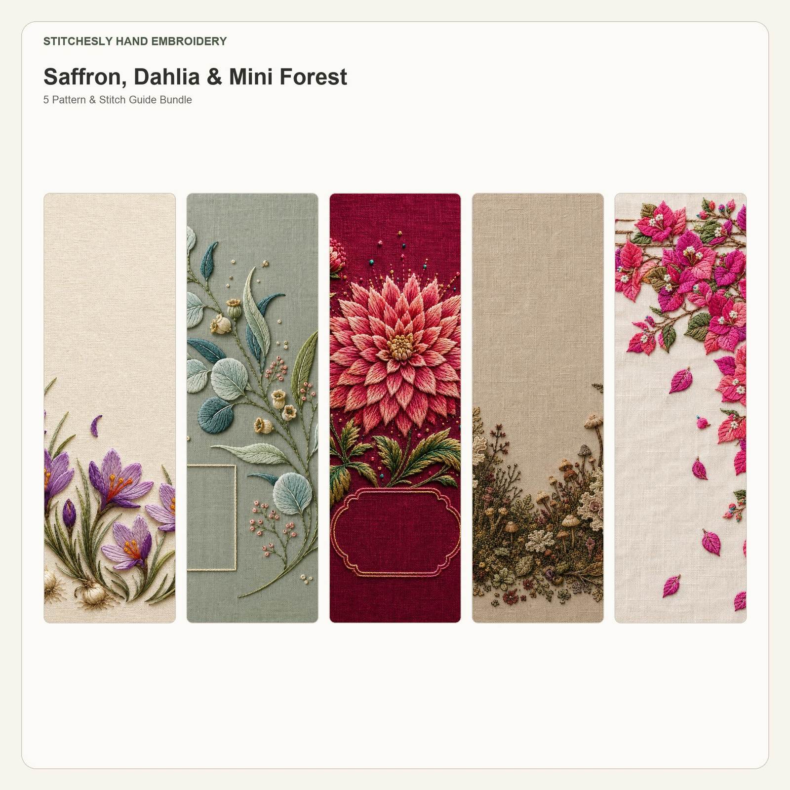 Saffron, Dahlia & Mini Forest five pattern bundle cover for the five-pattern hand embroidery bundle