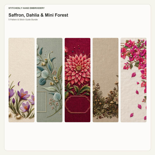 Saffron, Dahlia & Mini Forest five pattern bundle cover for the five-pattern hand embroidery bundle