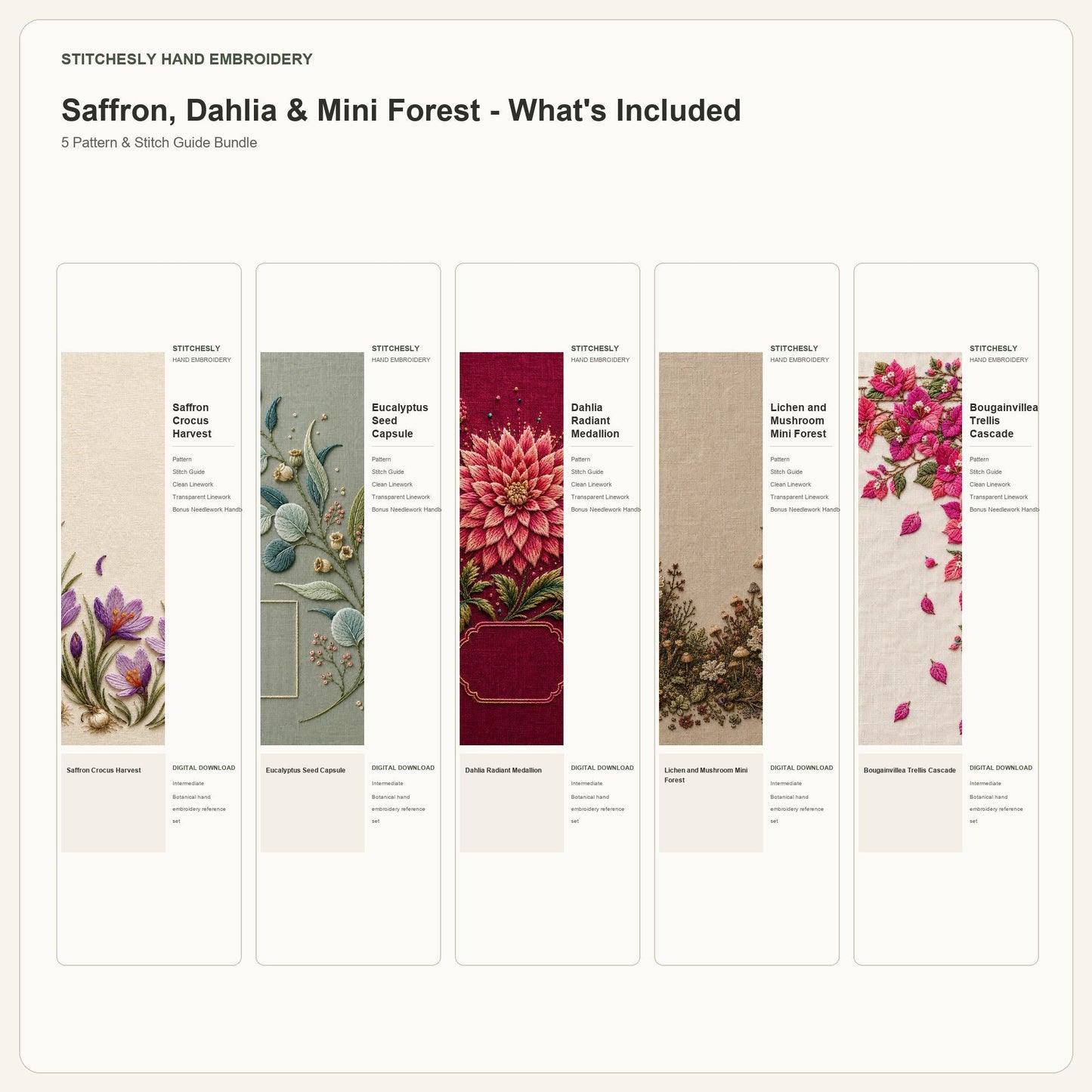 Saffron, Dahlia & Mini Forest bundle contents overview for the five-pattern hand embroidery bundle