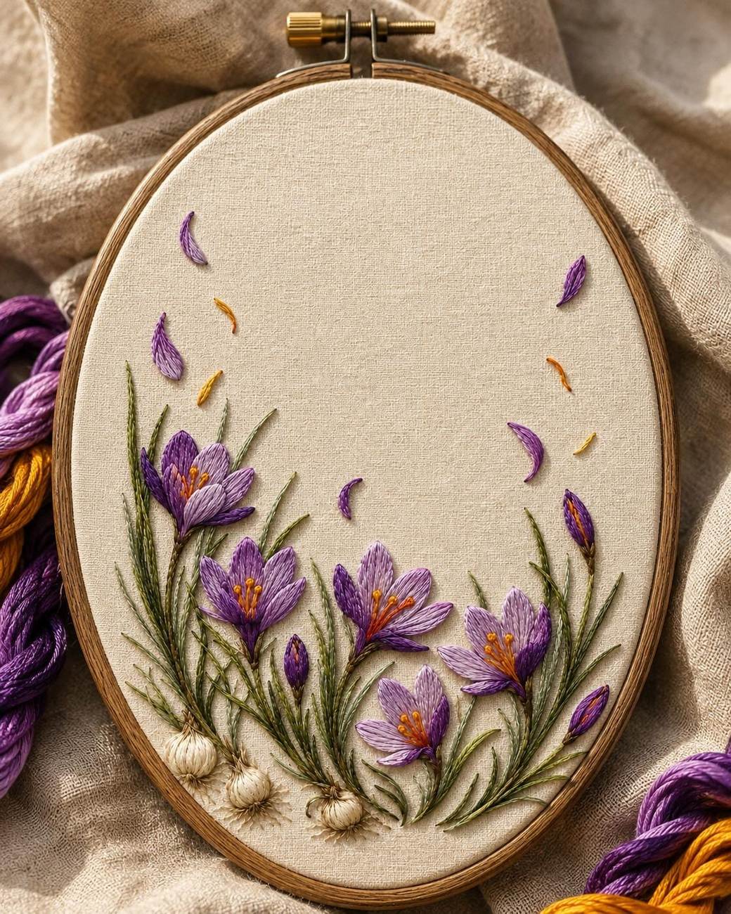 Saffron Crocus Harvest finished embroidery mockup included in the Saffron, Dahlia & Mini Forest five-pattern digital bundle