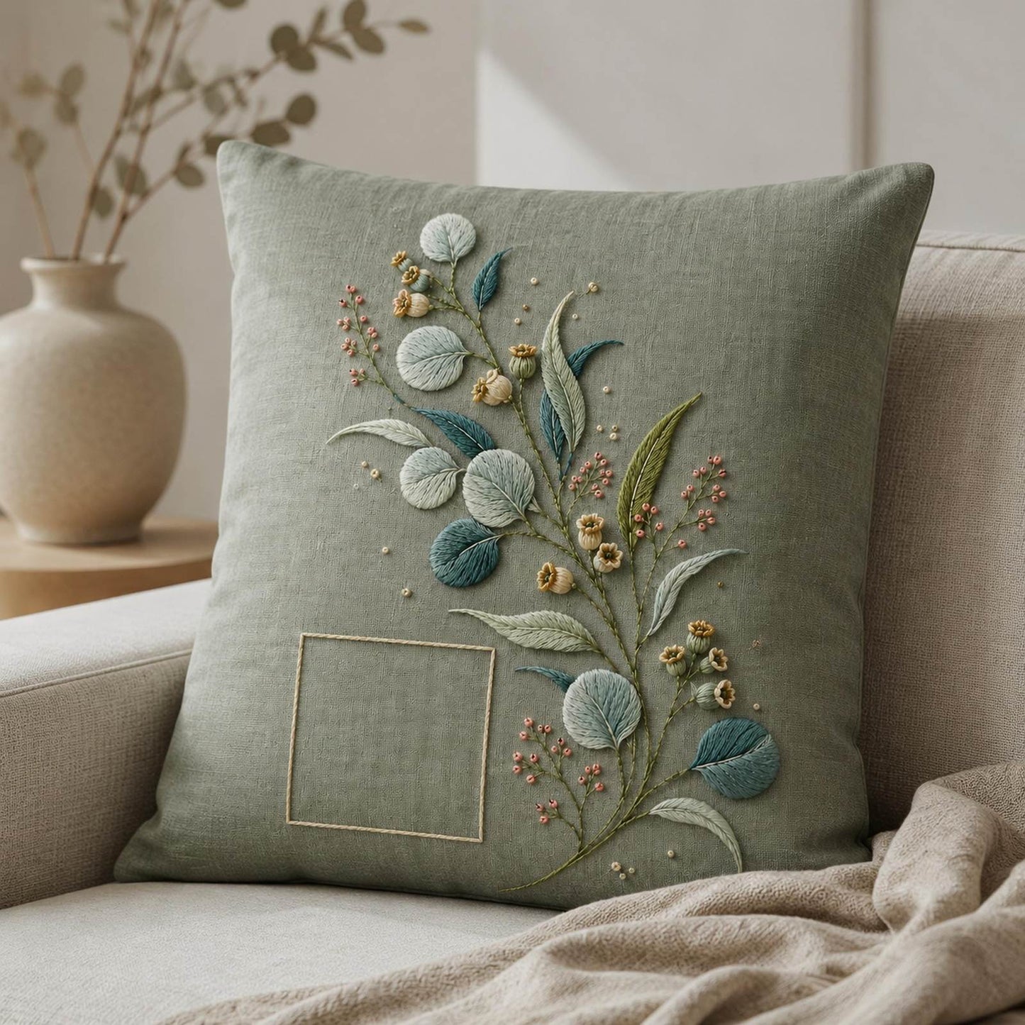 Eucalyptus Seed Capsule finished embroidery mockup included in the Saffron, Dahlia & Mini Forest five-pattern digital bundle