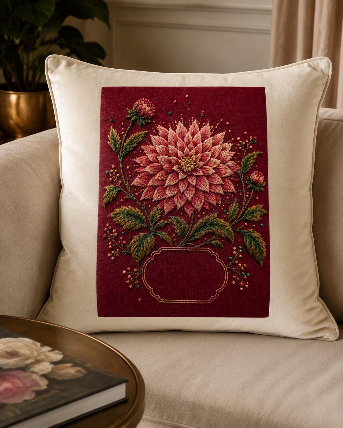 Dahlia Radiant Medallion finished embroidery mockup included in the Saffron, Dahlia & Mini Forest five-pattern digital bundle