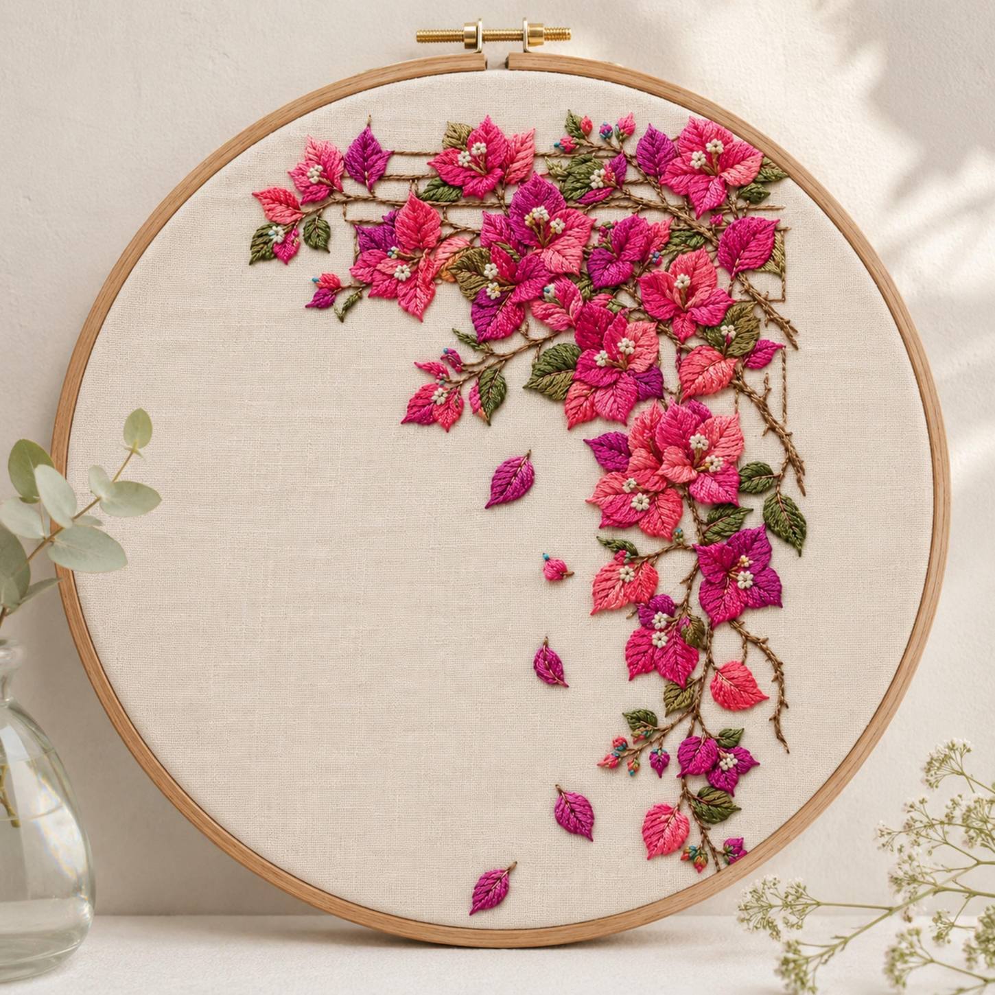 Bougainvillea Trellis Cascade finished embroidery mockup included in the Saffron, Dahlia & Mini Forest five-pattern digital bundle