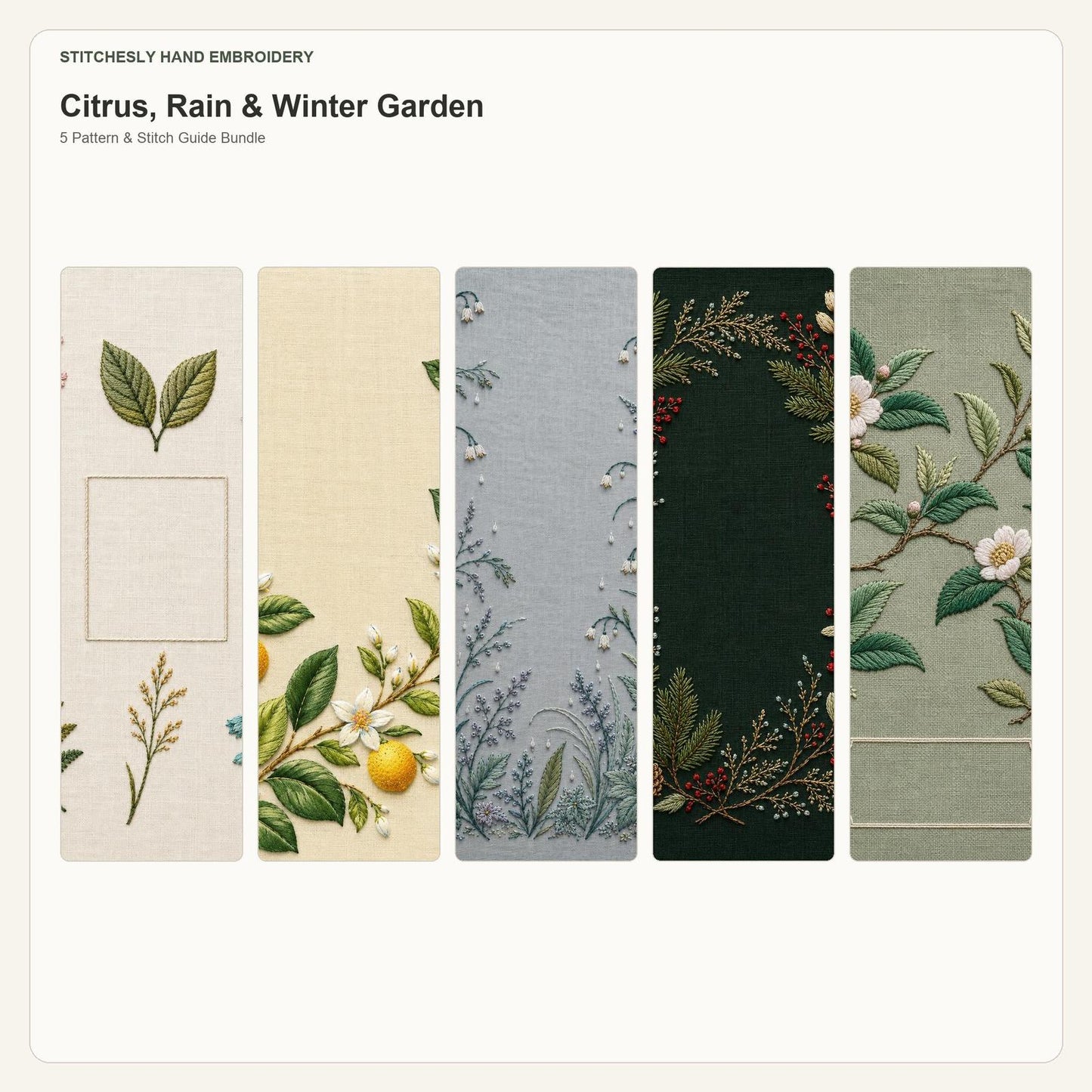 Specimen, Citrus & Winter Garden five pattern bundle cover for the five-pattern hand embroidery bundle