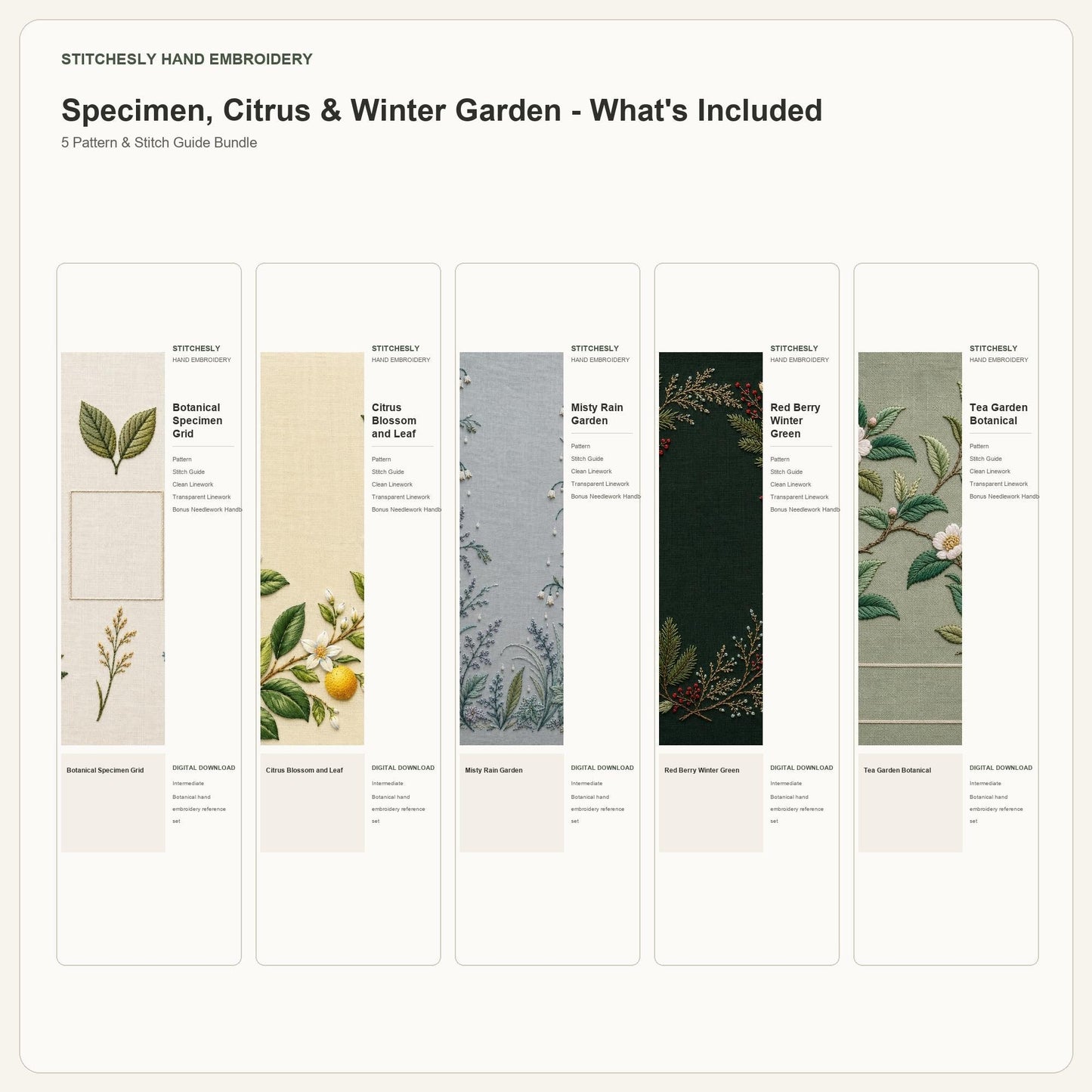 Specimen, Citrus & Winter Garden bundle contents overview for the five-pattern hand embroidery bundle