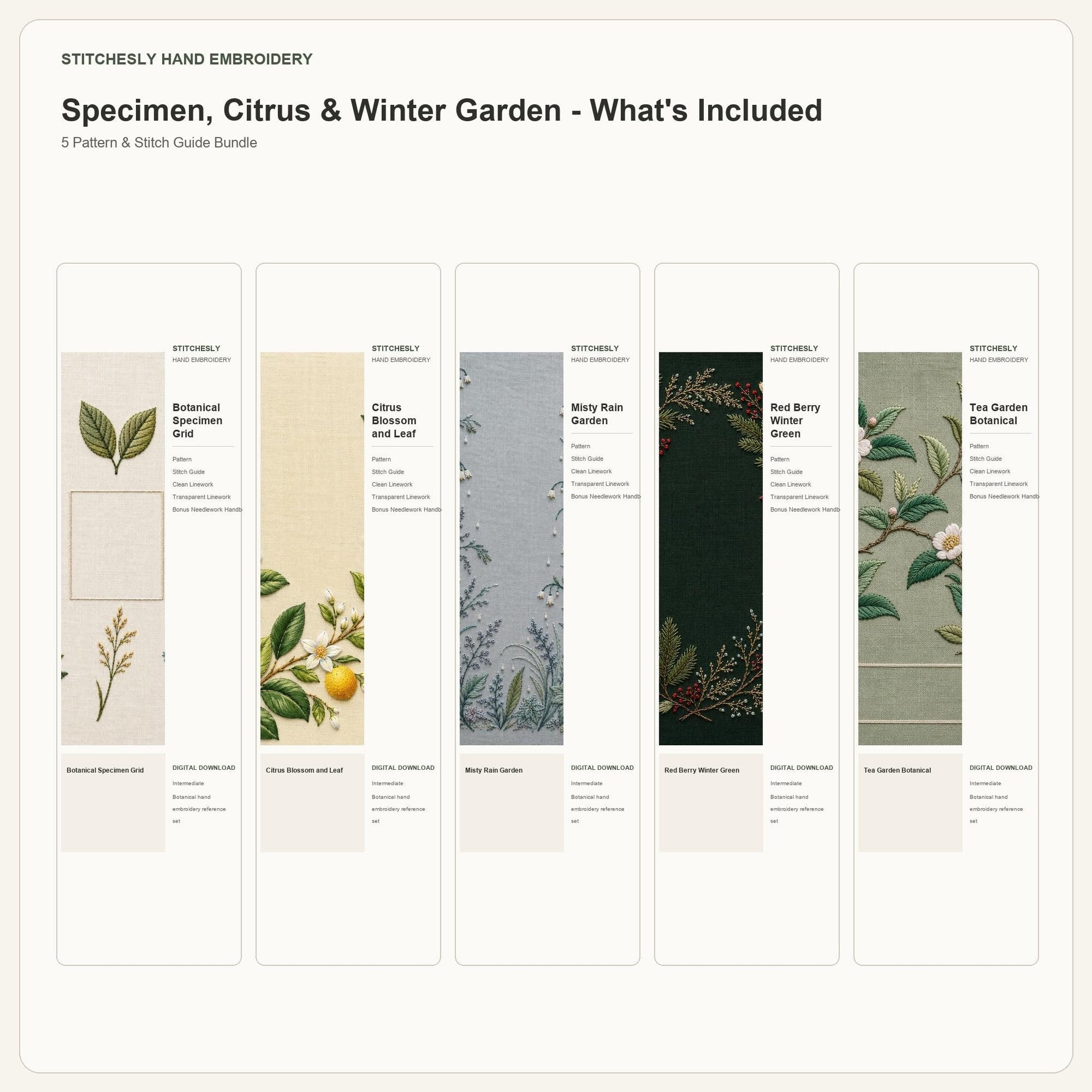 Specimen, Citrus & Winter Garden bundle contents overview for the five-pattern hand embroidery bundle