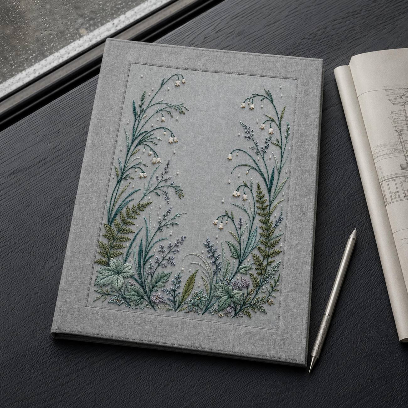 Misty Rain Garden finished embroidery mockup included in the Specimen, Citrus & Winter Garden five-pattern digital bundle