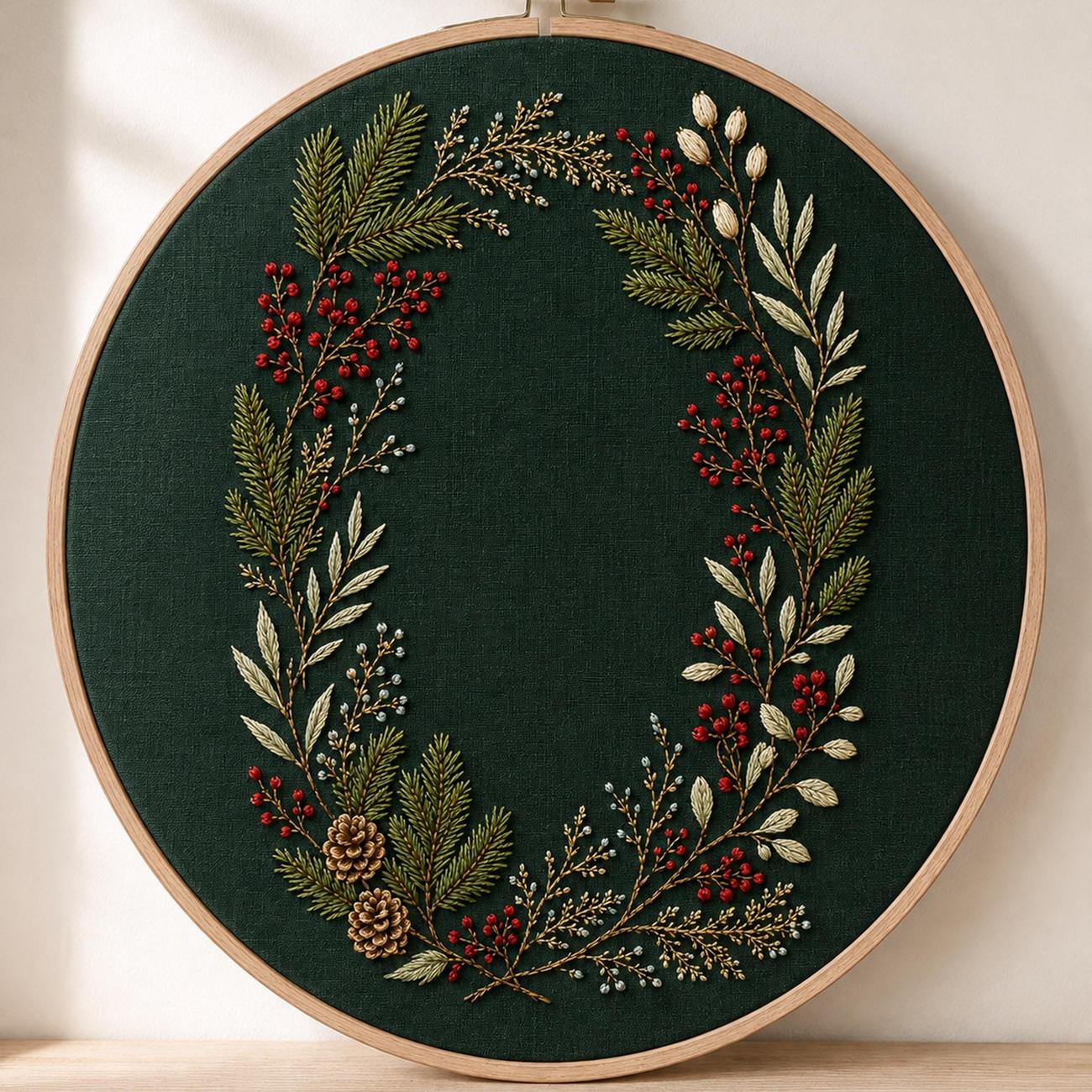 Red Berry Winter Green finished embroidery mockup included in the Specimen, Citrus & Winter Garden five-pattern digital bundle