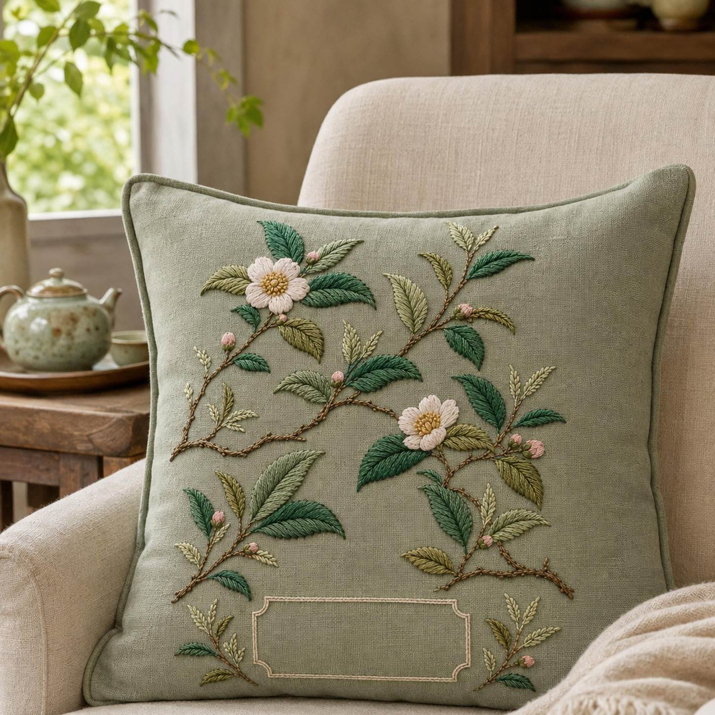Tea Garden Botanical finished embroidery mockup included in the Specimen, Citrus & Winter Garden five-pattern digital bundle