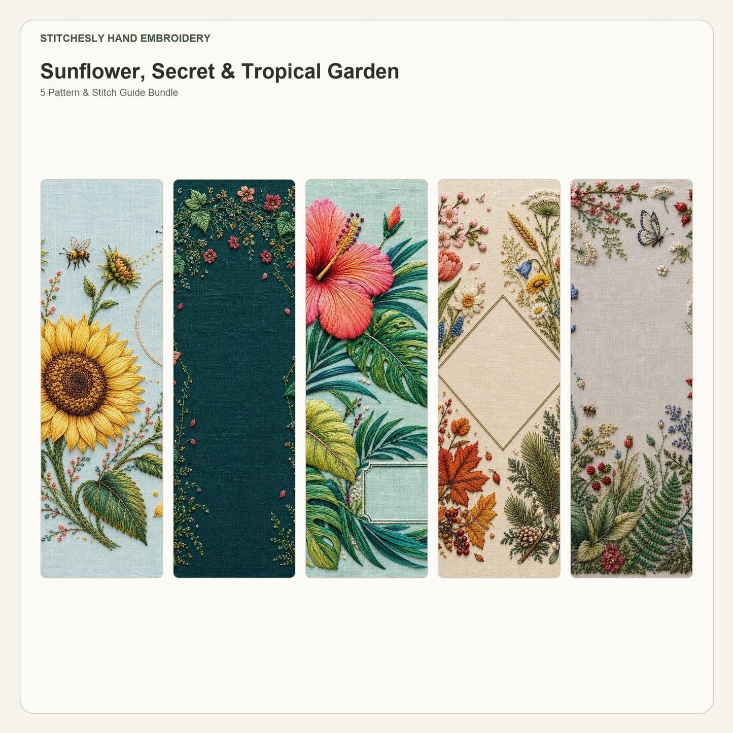 Sunflower, Secret & Tropical Garden five pattern bundle cover for the five-pattern hand embroidery bundle