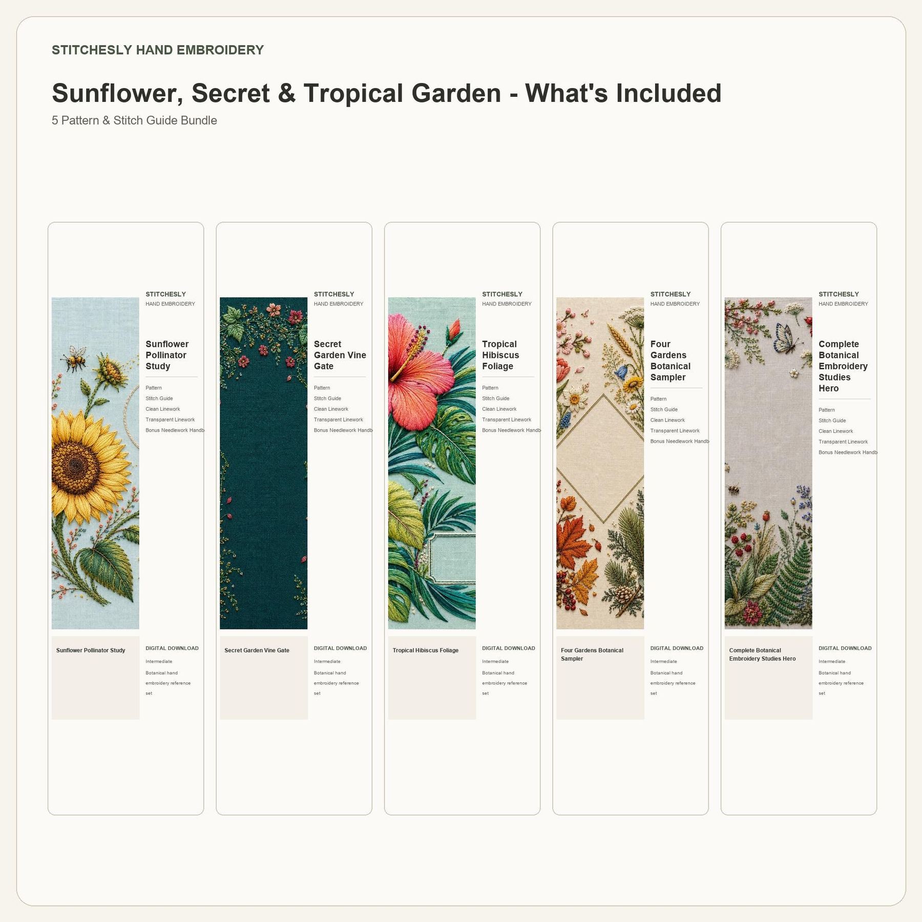 Sunflower, Secret & Tropical Garden bundle contents overview for the five-pattern hand embroidery bundle