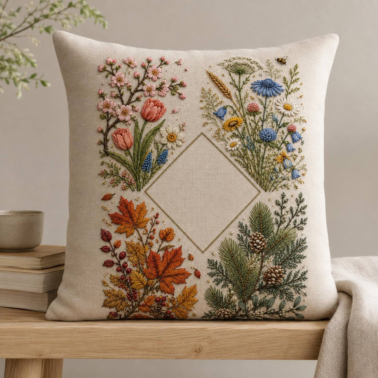 Four Gardens Botanical Sampler finished embroidery mockup included in the Sunflower, Secret & Tropical Garden five-pattern digital bundle