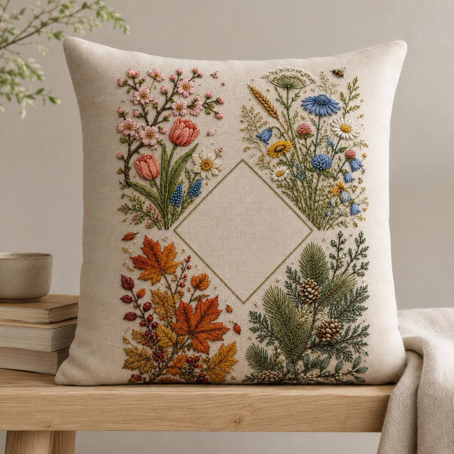 Four Gardens Botanical Sampler finished embroidery mockup included in the Sunflower, Secret & Tropical Garden five-pattern digital bundle