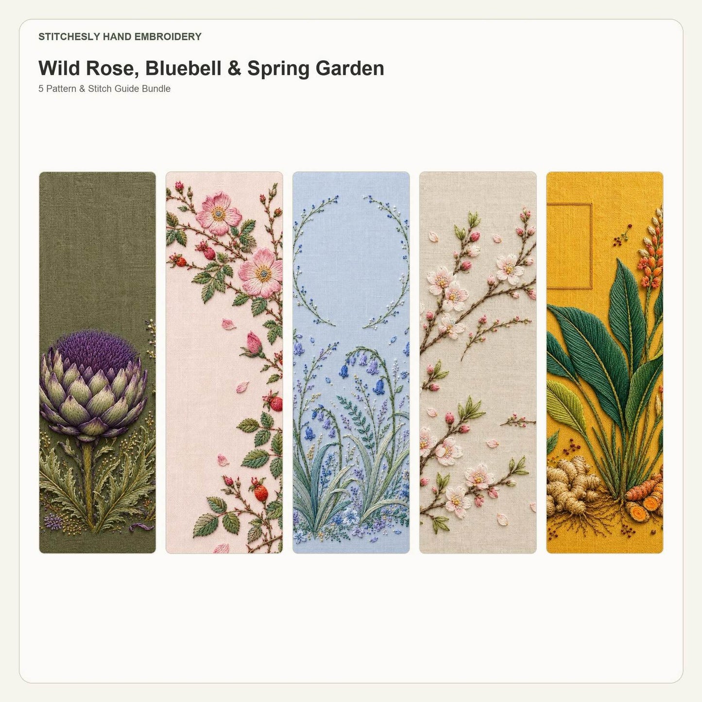 Wild Rose, Bluebell & Spring Garden five pattern bundle cover for the five-pattern hand embroidery bundle