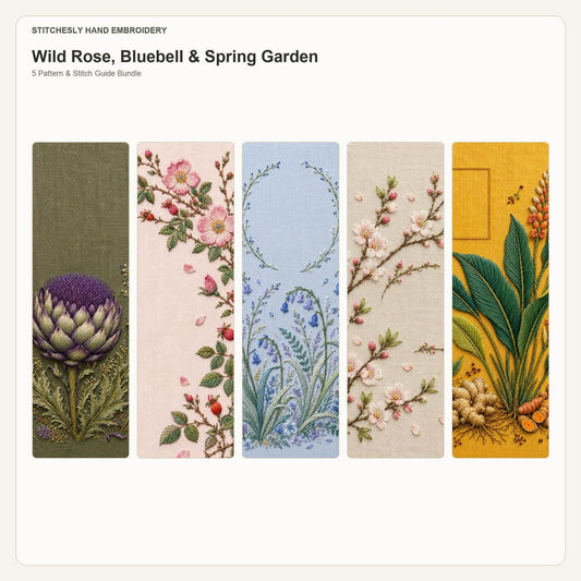 Wild Rose, Bluebell & Spring Garden five pattern bundle cover for the five-pattern hand embroidery bundle