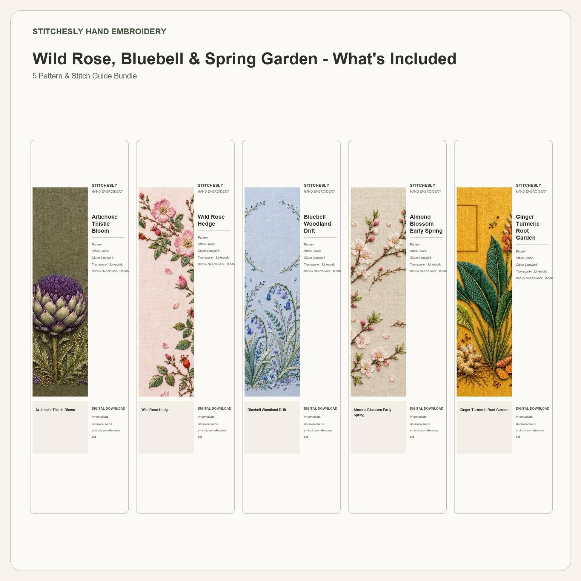 Wild Rose, Bluebell & Spring Garden bundle contents overview for the five-pattern hand embroidery bundle