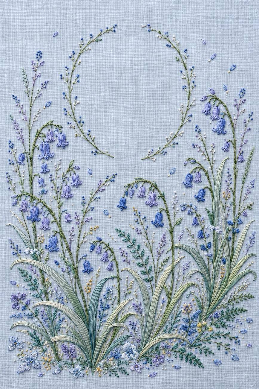 Wild Rose, Bluebell & Spring Garden included design three for the five-pattern hand embroidery bundle