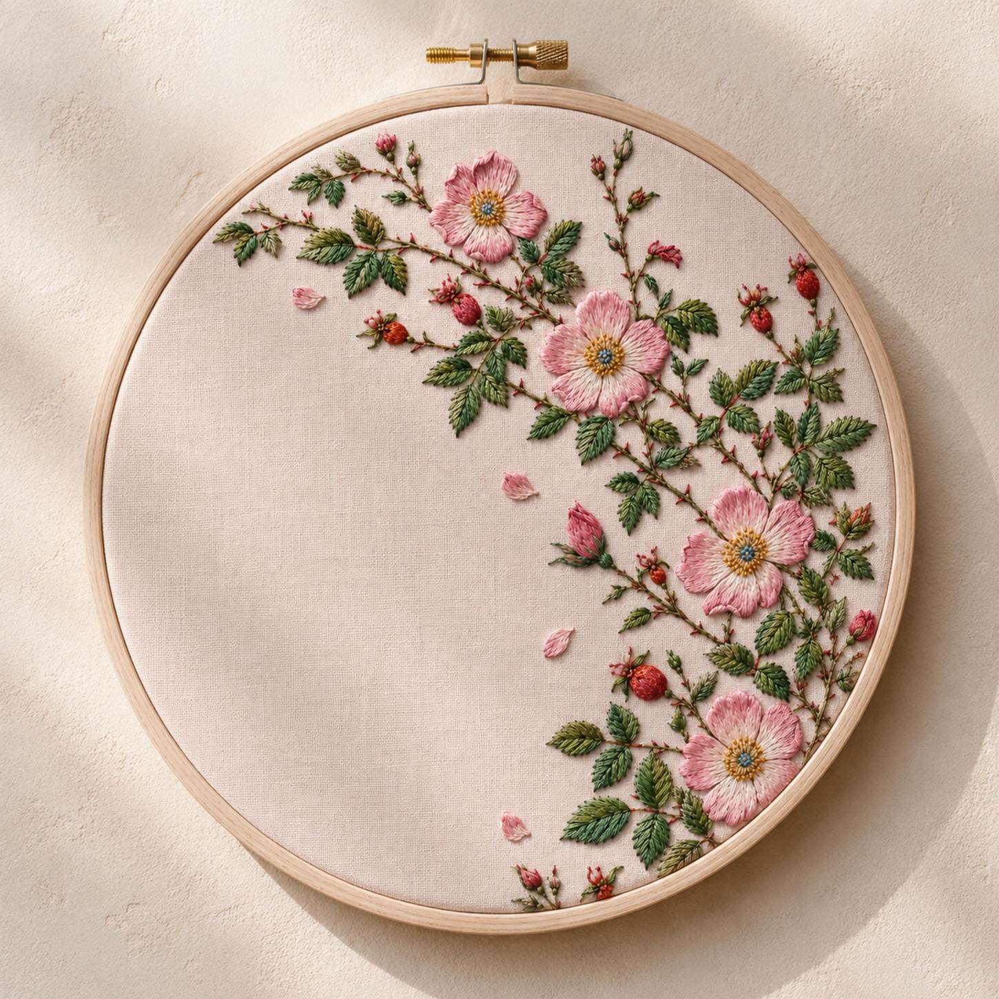 Wild Rose Hedge finished embroidery mockup included in the Wild Rose, Bluebell & Spring Garden five-pattern digital bundle