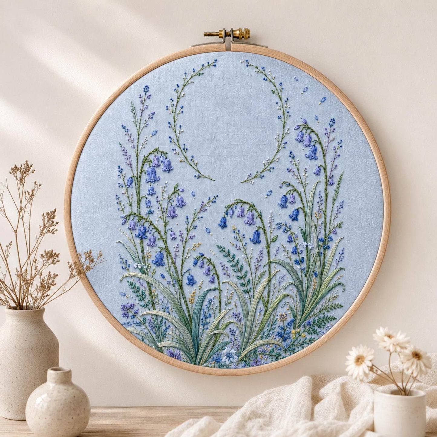 Bluebell Woodland Drift finished embroidery mockup included in the Wild Rose, Bluebell & Spring Garden five-pattern digital bundle